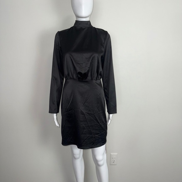 Commense Black Mini Dress Long Sleeve Mock Neck Tie Back Cocktail Bodycon M - Picture 6 of 17